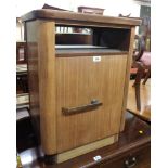 A 54cm retro teak sapele wood bedside cabinet by Abbess with remains of leather inset top, shelf and