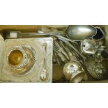A small collection of silver plated items, including condiment set and basting spoon, etc.