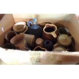 A box of assorted ceramics including terracotta jugs, Torquay ware, etc. - various condition