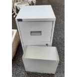 An Officeworld grey painted two drawer filing cabinet with key - sold with a metal file tray