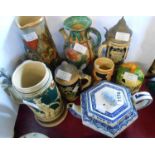 A quantity of ceramics including Copeland blue and white teapot, steins, Moratomo ware jam pot, etc.