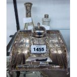 A 20th Century silver plated inkstand with flip-top glass inkwell and associated pen - sold with two