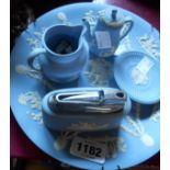 A small quantity of late 20th Century Wedgwood blue Jasper including plate, jug, lighter, etc.