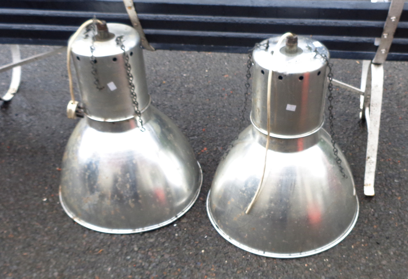 A pair of 49cm diameter industrial aluminium workshop hanging lamps