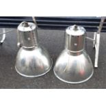 A pair of 49cm diameter industrial aluminium workshop hanging lamps