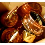 A box of assorted copper and brass, including kettle, pans, etc.