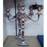 A pair of 49cm high silver plated copper Georgian style twin branch, three light candelabra with