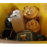 A crate of assorted ceramics including King Sol stoneware hot water bottle, Sadler, etc.