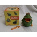 A boxed Mettoy 'Croaky' push along frog - one leg detached but present