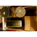 A box of Second World War items including British Army Thermos flask, Boiled Sweets ration tin,