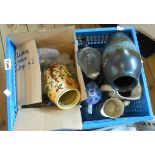 A crate containing assorted ceramic items including West German vase, blue and white, etc.