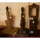 Two Art Deco wooden table lamps and a miniature longcase clock case