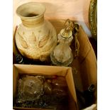 A box containing a vintage candle chandelier and studio pottery vase