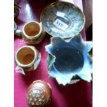 A Doulton Lambeth small stoneware jardiniere, saucer, and a stoneware hunting pattern pair of