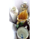 A majolica swan vase, Prattware pot, Farmers Arms mug and French porcelain vase