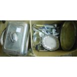 A quantity of silver plated items, including trays, entree dish, cake basket and assorted cutlery