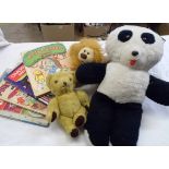 A small assortment of toys including Teddy bears, Dougal, four vintage children's annuals, etc.