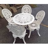 A painted cast aluminium patio set, comprising a circular table and four chairs in the Victorian