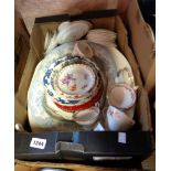 A box containing a quantity of ceramics including assorted teaware, meat plates, etc.