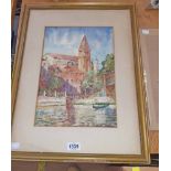 A framed vintage watercolour, depicting a Venetian canal scene with church in mid ground - signed