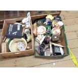 Two boxes containing assorted ceramics and collectables including Staffordshire Toby jugs,
