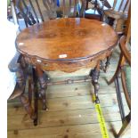 A 67cm Victorian burr walnut veneered work table with Hobbs lock to fitted sewing drawer and work