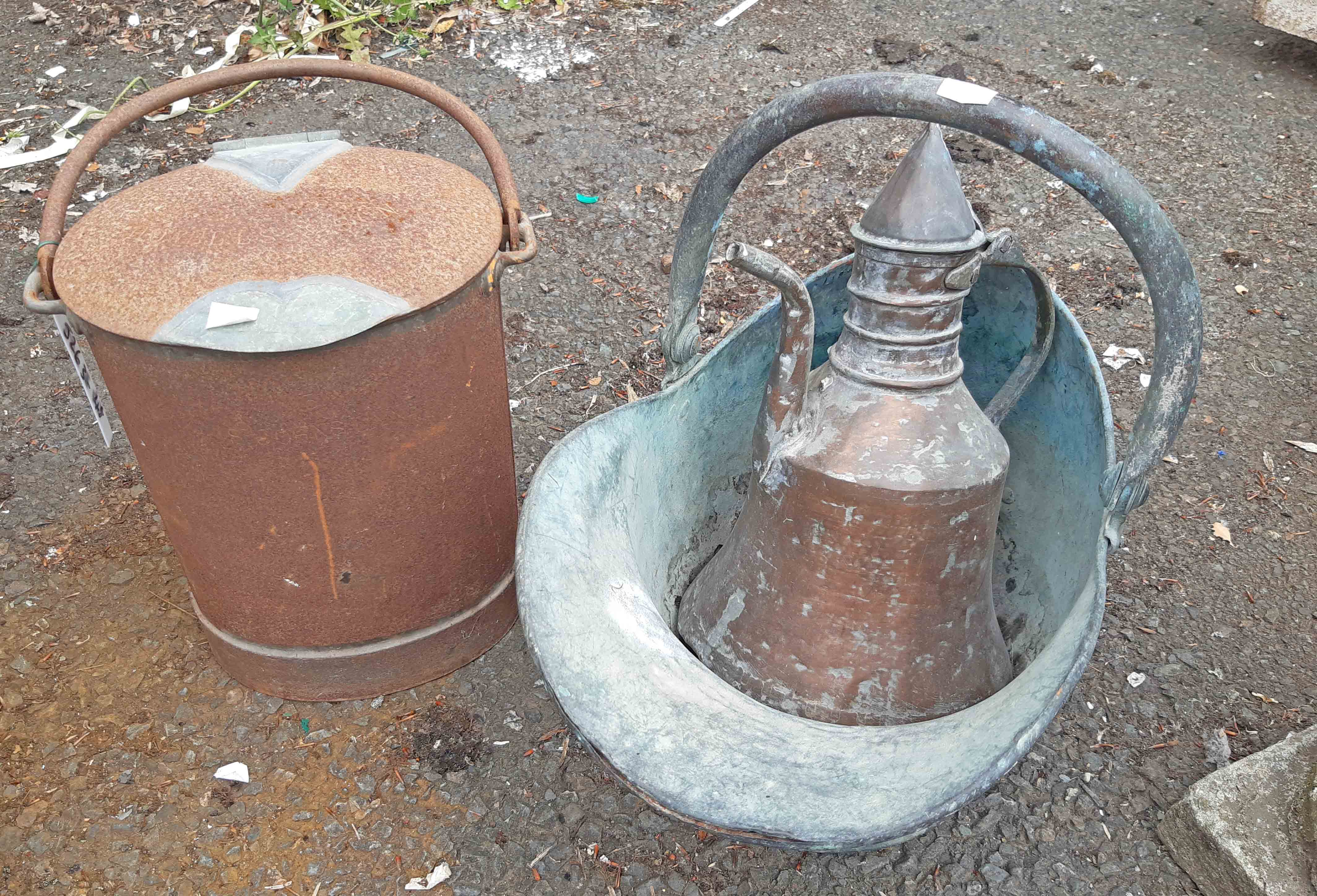 An old steel milk can with brass fittings - sold with coffee pot and coal helmet