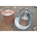 An old steel milk can with brass fittings - sold with coffee pot and coal helmet