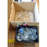 Two boxes containing assorted cut and moulded drinking glasses, etc.