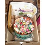 A box containing assorted sewing items including buttons, lace trim, cotton reels, etc.
