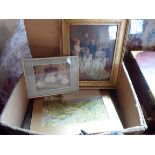 A box containing assorted prints including George V and Queen Alexandria, etc.