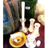 A small selection of china including dressing table candlesticks, hat pin holder, etc.