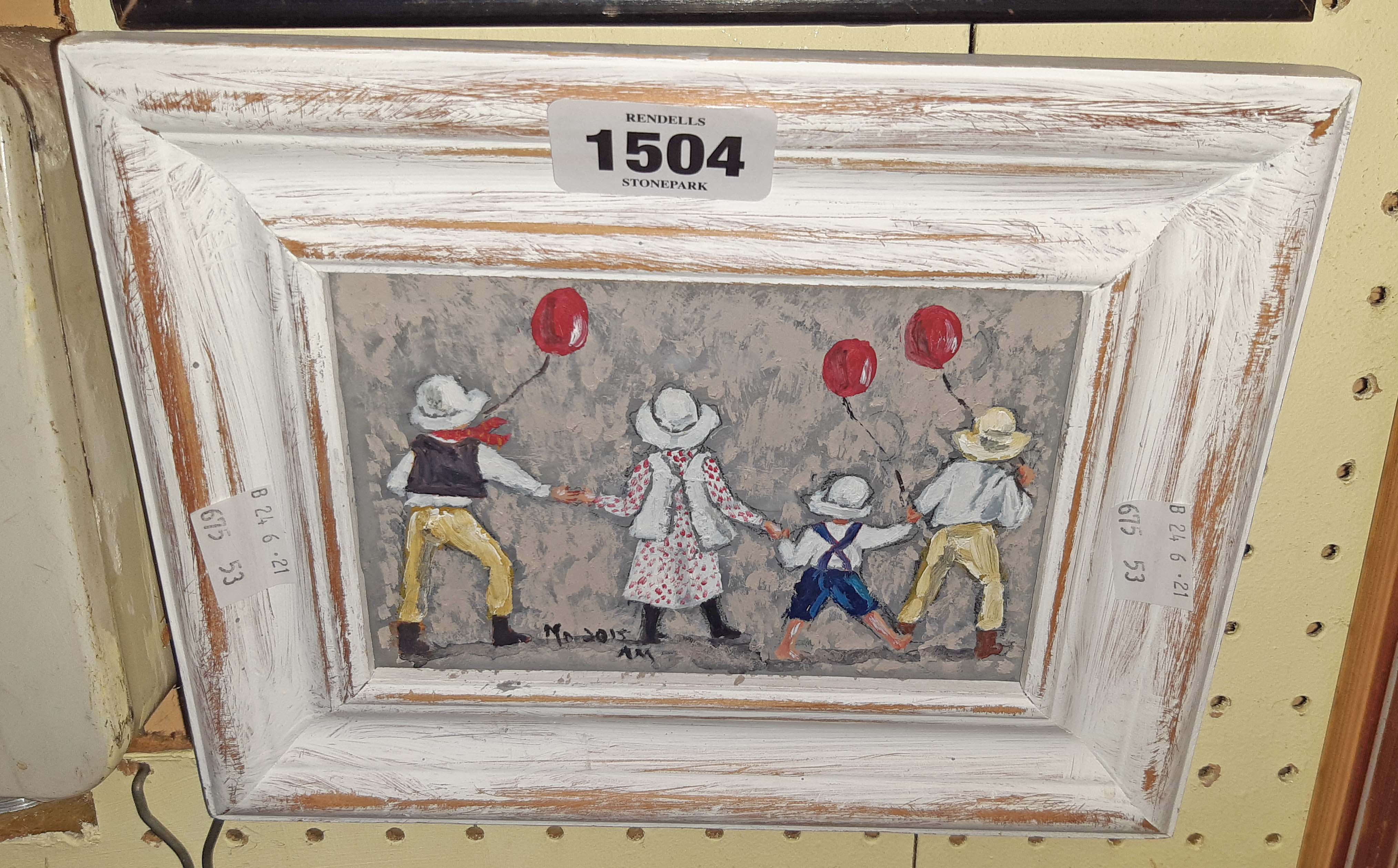 Mo Logan: a small oil on board, depicting children with balloons - signed