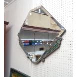 An Art Deco frameless wall mirror with flanking applied chromed fan pattern decoration with green