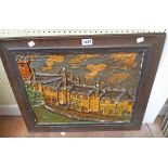A vintage framed painted papier mache high relief picture, depicting a row of terraced cottages with