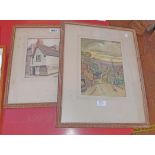 W.H. Chapman: two limed oak framed vintage watercolours, one depicting town cottages, the other a