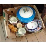 A box of assorted ceramics including Mintons tureen a/f, German figures, Torquay pottery, etc.