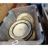 A crate containing a quantity of Indian tree pattern dishes, plates, etc.