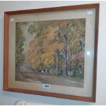 A framed watercolour, depicting a figure herding cattle - indistinctly signed - 35.5cm X 40cm