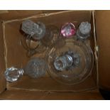 A box of glassware, including decanters, bowl, Victorian smoke bell, etc.