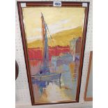 A framed oil on board, depicting a figure in a sailing boat in vivid palette - indistinctly signed