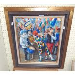 Cyril: a modern oil on canvas, depicting Harlequin and clowns - signed and dated '99