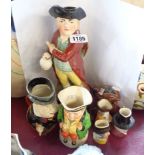 Six Toby and character jugs including Staffordshire, Burleigh ware - sold with a novelty spirit