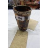 A 19th Century silver mounted horn beaker with cartouche to front - sold with a newspaper article