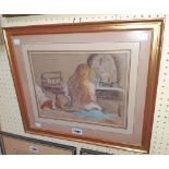 †Paul Maze: a gilt framed pastel and charcoal drawing, depicting a woman in a bedroom looking at a