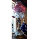 A late 19th Century table oil lamp with hobnail cut glass bowl supported on cast brass eagle