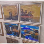 A set of four framed late Japanese acrylic paintings, depicting views of Mount Fuji and waterside