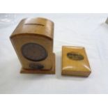 A Mauchline ware clock form money box Castle St. Aberdeen and box form watch holder The Gardens,