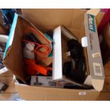 A box containing assorted tools included Atlas cordless drill, Black & Decker finishing saw, etc.