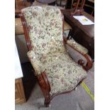 A Victorian stained walnut part show framed gentlemen's scroll back drawing room open armchair, with